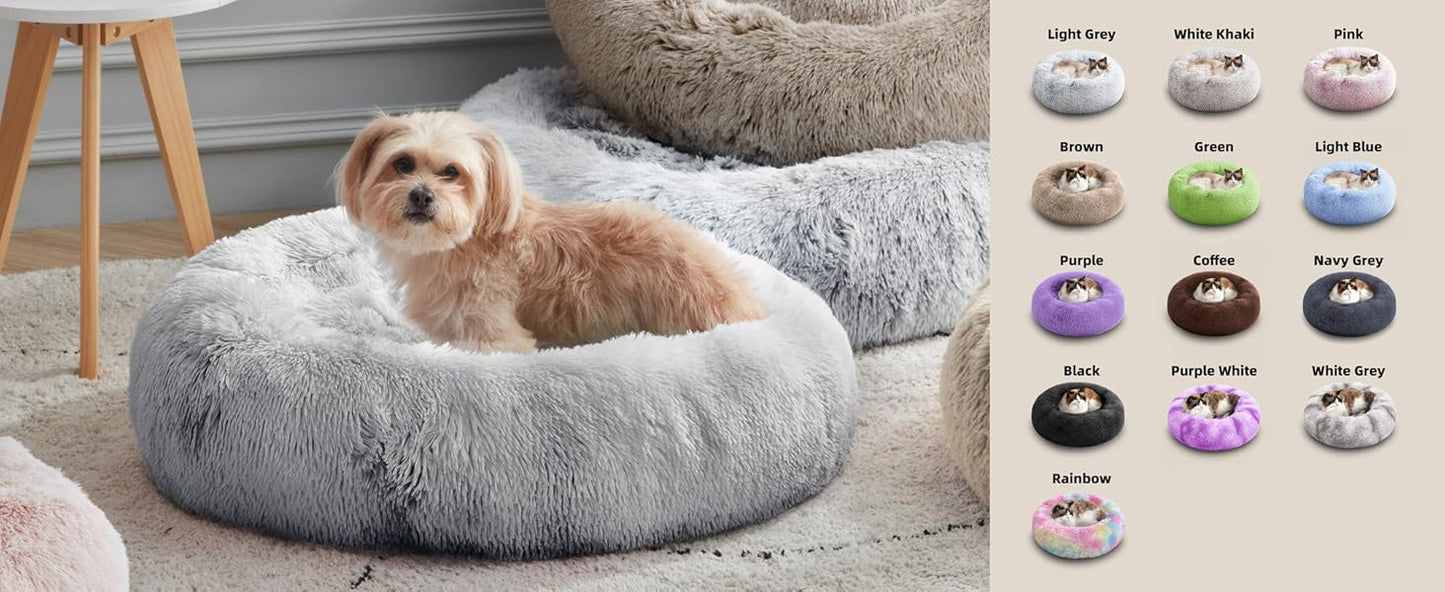Calming Anti-Anxiety Donut Dog & Cat Bed, Warming Cozy Soft round Cushion, Fluffy Faux Fur Plush Cuddler for Small Medium Dogs and Cats