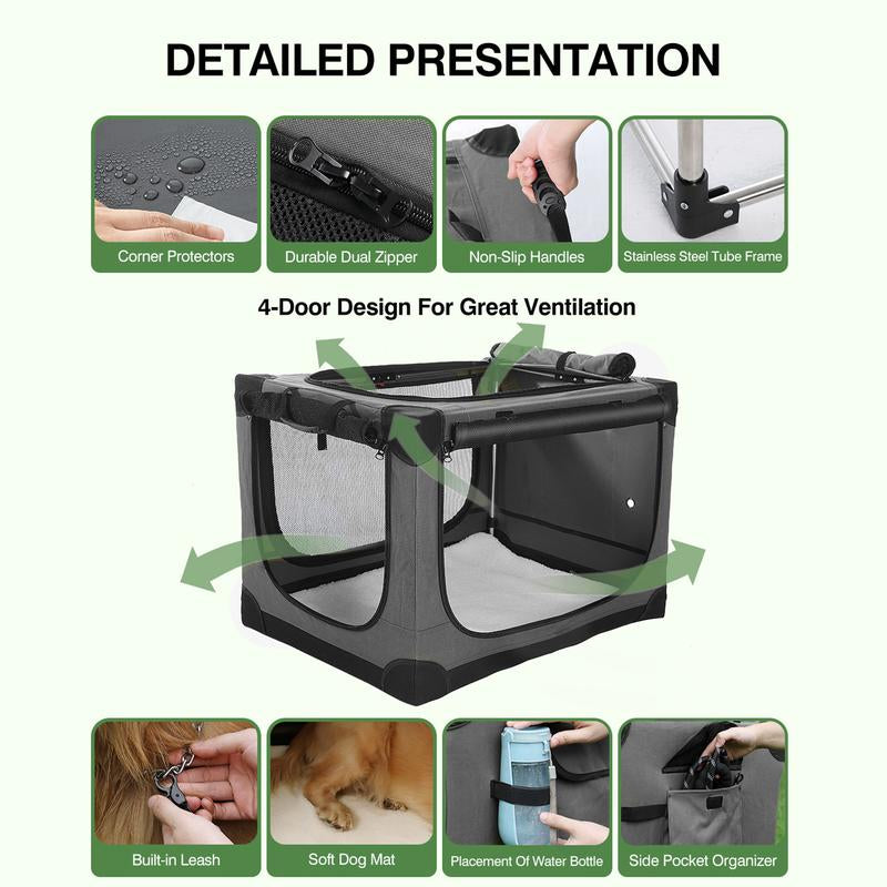 Collapsible Travel Dog Crate for Medium Large Dogs, Portable Oxford Cloth Dog Crate 4-Door Foldable Soft Kennel with Chew-Proof Mesh Windows for Indoor & Outdoor Travel,With Storage Bag,Grey