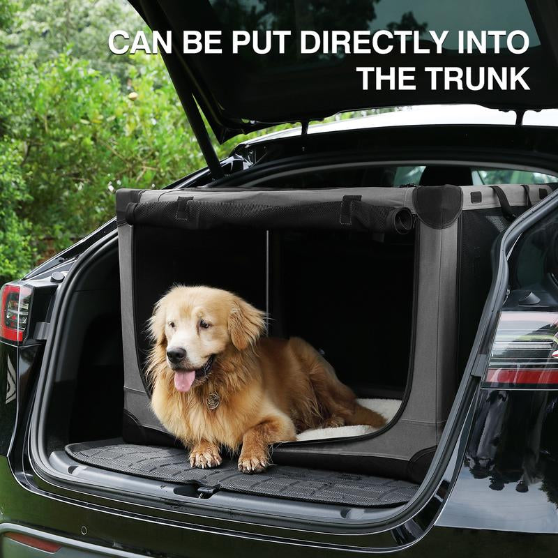 Collapsible Travel Dog Crate for Medium Large Dogs, Portable Oxford Cloth Dog Crate 4-Door Foldable Soft Kennel with Chew-Proof Mesh Windows for Indoor & Outdoor Travel,With Storage Bag,Grey