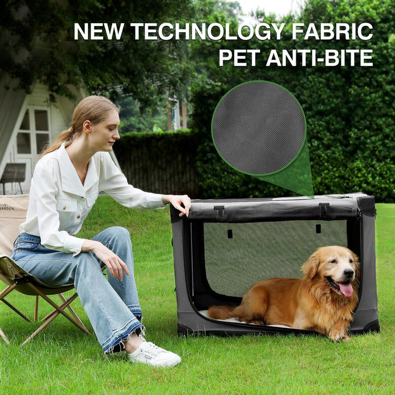 Collapsible Travel Dog Crate for Medium Large Dogs, Portable Oxford Cloth Dog Crate 4-Door Foldable Soft Kennel with Chew-Proof Mesh Windows for Indoor & Outdoor Travel,With Storage Bag,Grey