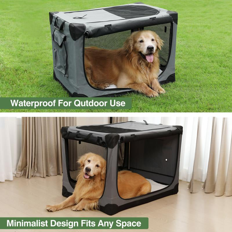 Collapsible Travel Dog Crate for Medium Large Dogs, Portable Oxford Cloth Dog Crate 4-Door Foldable Soft Kennel with Chew-Proof Mesh Windows for Indoor & Outdoor Travel,With Storage Bag,Grey