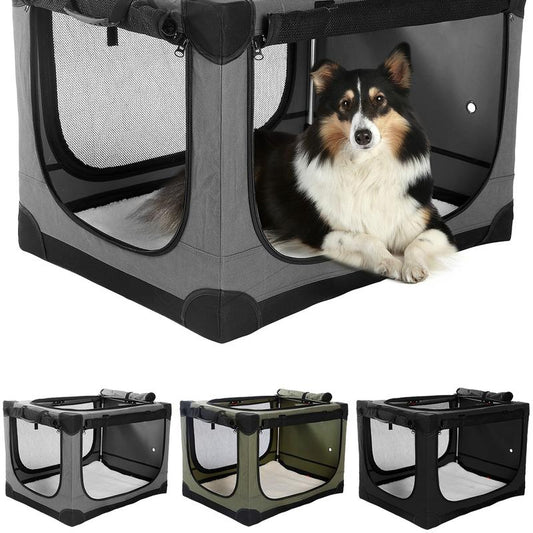 Collapsible Travel Dog Crate for Medium Large Dogs, Portable Oxford Cloth Dog Crate 4-Door Foldable Soft Kennel with Chew-Proof Mesh Windows for Indoor & Outdoor Travel,With Storage Bag,Grey
