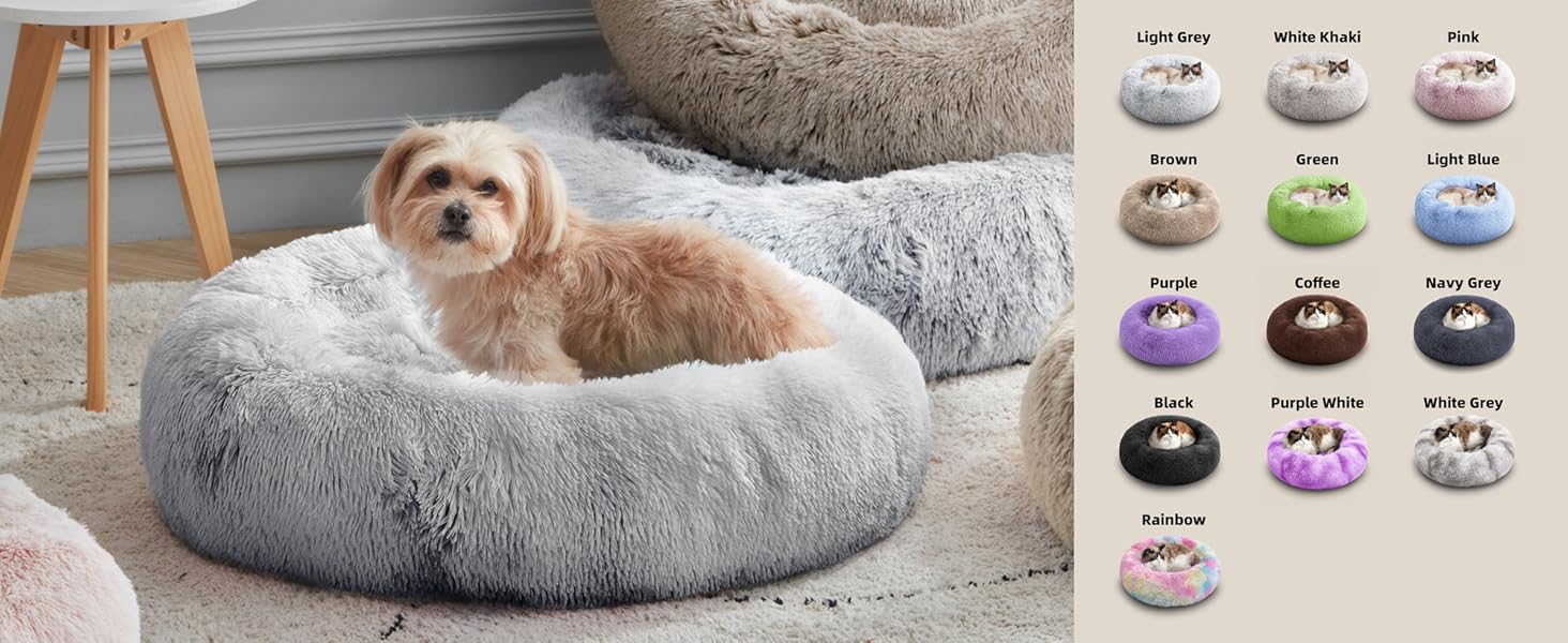 Calming Anti-Anxiety Donut Dog & Cat Bed, Warming Cozy Soft round Cushion, Fluffy Faux Fur Plush Cuddler for Small Medium Dogs and Cats