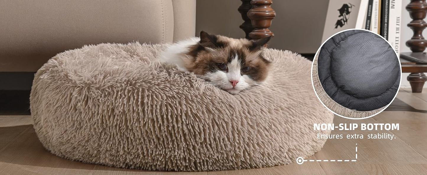Calming Anti-Anxiety Donut Dog & Cat Bed, Warming Cozy Soft round Cushion, Fluffy Faux Fur Plush Cuddler for Small Medium Dogs and Cats