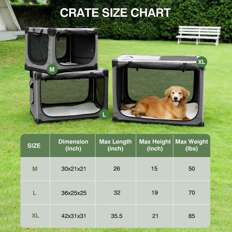 Collapsible Travel Dog Crate for Medium Large Dogs, Portable Oxford Cloth Dog Crate 4-Door Foldable Soft Kennel with Chew-Proof Mesh Windows for Indoor & Outdoor Travel,With Storage Bag,Grey