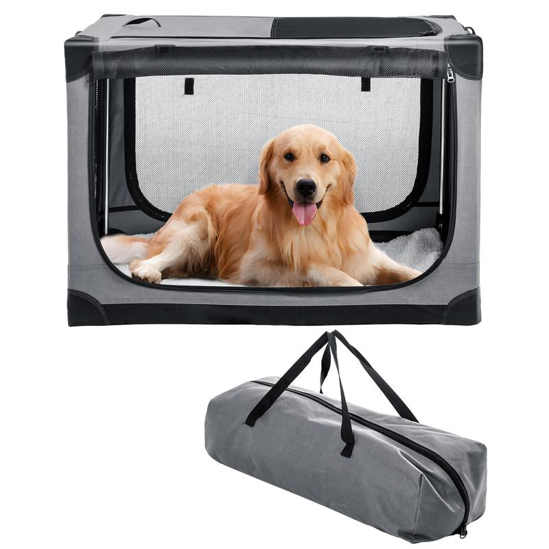 Collapsible Travel Dog Crate for Medium Large Dogs, Portable Oxford Cloth Dog Crate 4-Door Foldable Soft Kennel with Chew-Proof Mesh Windows for Indoor & Outdoor Travel,With Storage Bag,Grey